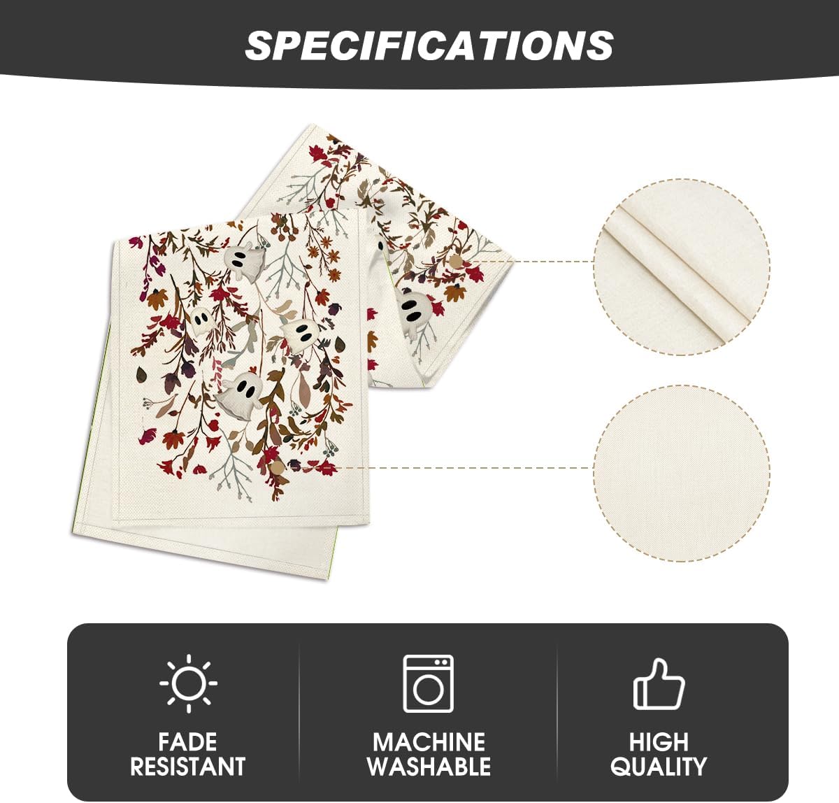 Artoid Mode Ghost Flowers Leaves 210 GSM Halloween Table Runner,Seasonal Fall Kitchen Dining Table Decoration for Home Party Decor 13x36 Inch