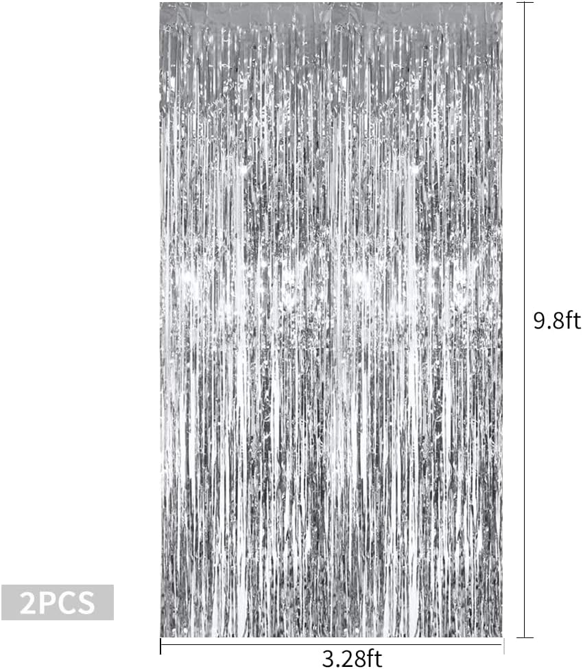 TONIFUL 2Pcs Silver Metallic Tinsel Foil Fringe Curtains,Black Photo Booth Backdrop Streamer Curtain Photo Booth Props for Bachelorette Party,Birthday,Graduation,Christmas Decor(6.6ft x 9.9ft)
