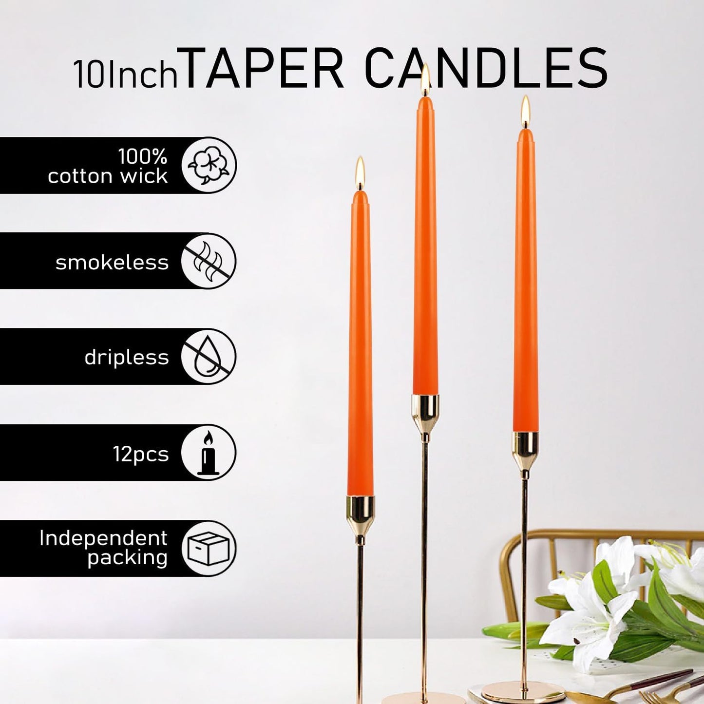 10 Inch Orange Slender Taper Candles Set - 12 Pcs Dripless, Smokeless with Cotton Wick, Ideal for Halloween,Thanksgiving,Dinner, Weddings & Home Decor.