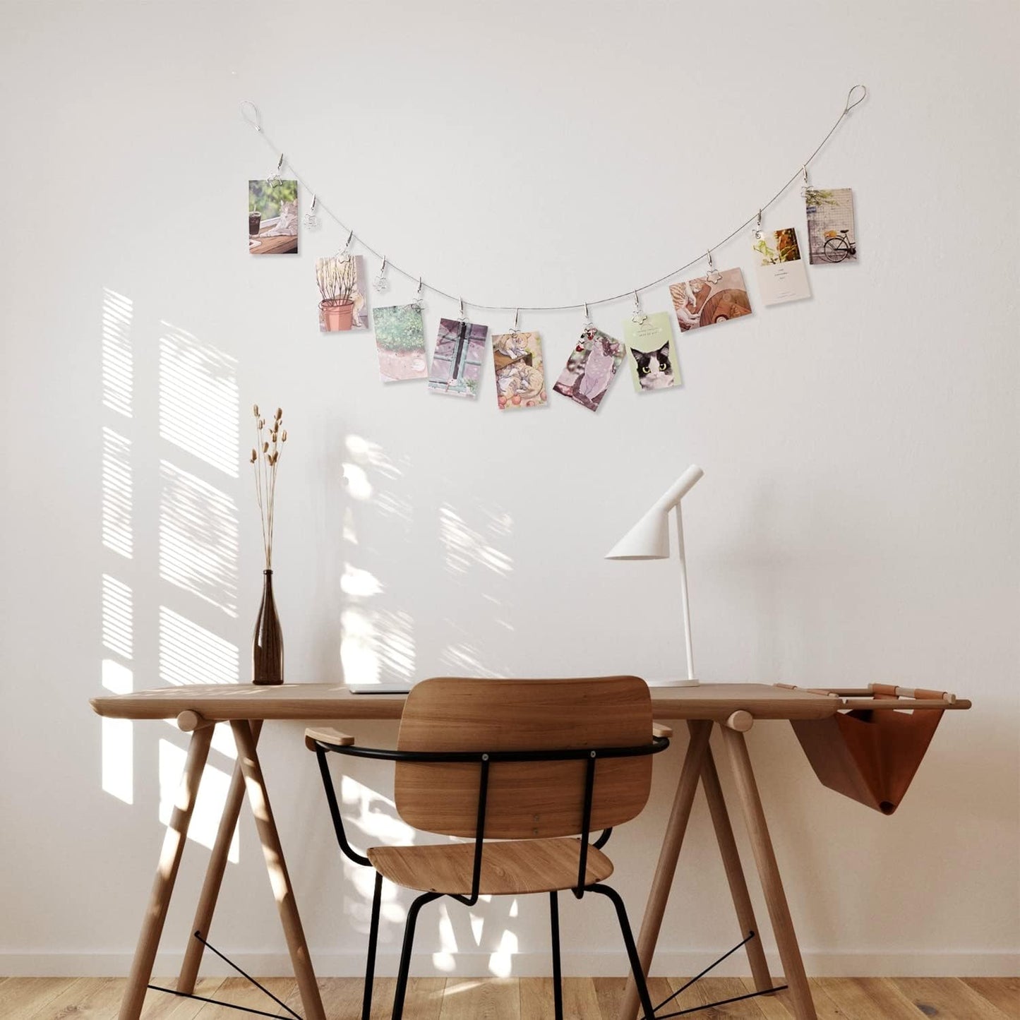 Multi-Purpose Steel Wall Hanging Photo Display Cable Wire Rod with 12 Adjustable Clips for Hanging Photos Notes Postcard and Artworks (Flower)