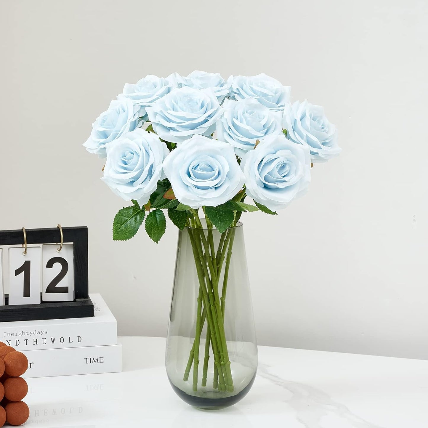 Artificial Rose 10pcs Ice Blue Open Flower Bouquet Faux Rose Stems for Wedding Arrangement, Bridal Bouquet, Centerpiece, Fake Faux Silk Flowers (Ice Blue)
