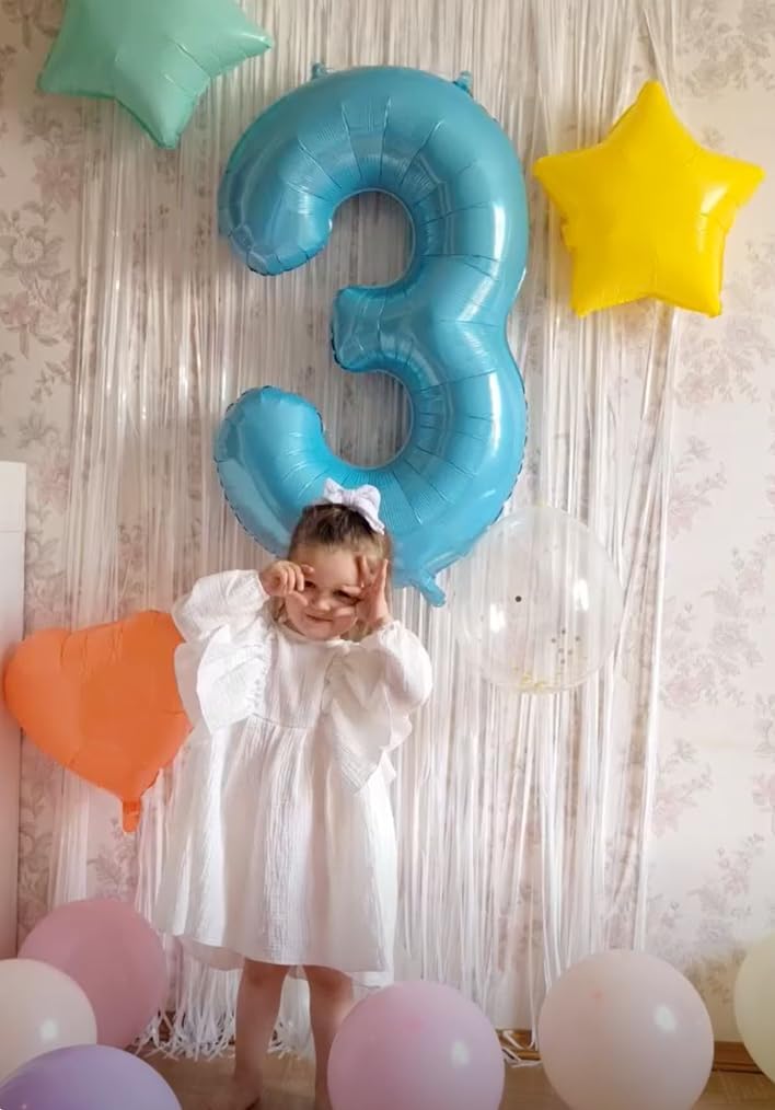Pearl Blue 3 Number Balloon, 40 Inch 3 Large Number Balloon, 3 13 23 30 33 36 38 Pearl Blue Birthday Party Decorations, Number Three Foil Balloons for Anniversary Graduations Celebration Supplies