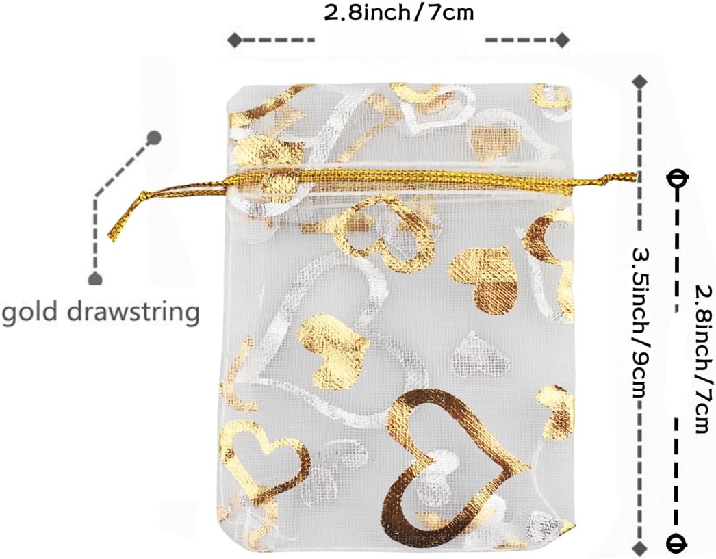 QIANHAILIZZ 100 Pack 2.8 x 3.5 Inch Flower Heart Organza Jewelry Gift Pouch Candy Pouch Drawstring Wedding Favor Bags B511S (white gold heart)