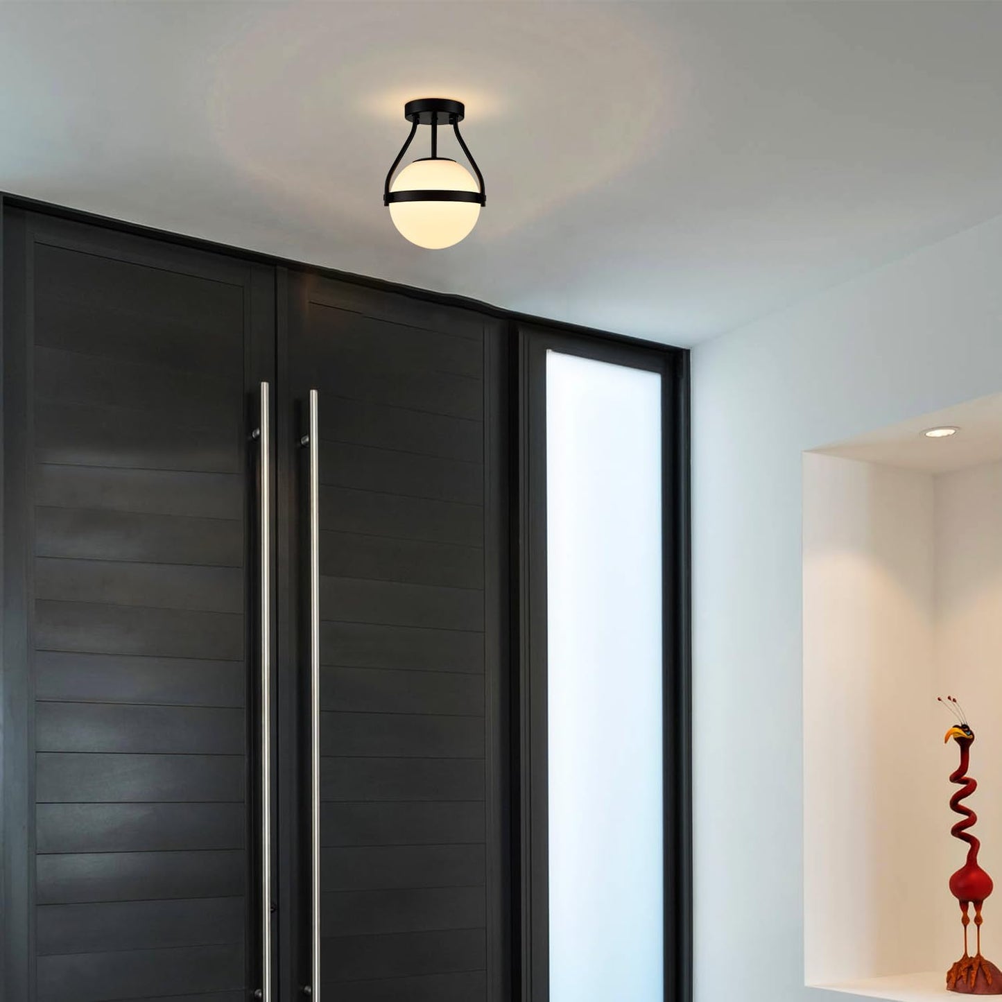 HOLKIRT Modern Globe Semi Flush Mount Ceiling Light,Black Ceiling Light Fixture with Opal Glass 7Inch/18CM,Mid Century Kitchen Light Fixtures Hallway Light Fixtures Ceiling for Bedroom Kitchen