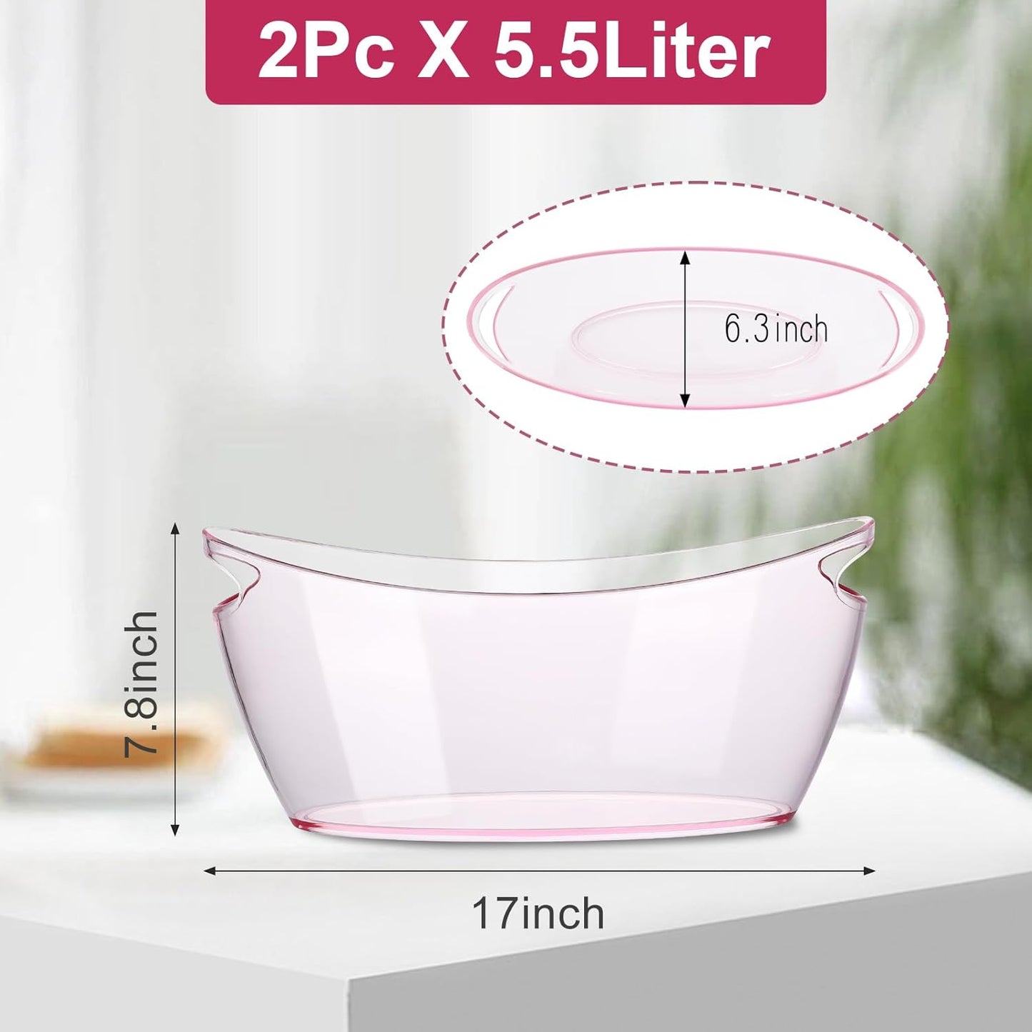 Ice Bucket 2 PCS,Acrylic Ice Buckets for Parties, Mimosa Bar Supplies Beverage Tub and Scoops for Champagne Beer Sparkling Wine Cocktails（5.5L）Extra Large Model (Clear) (pink)