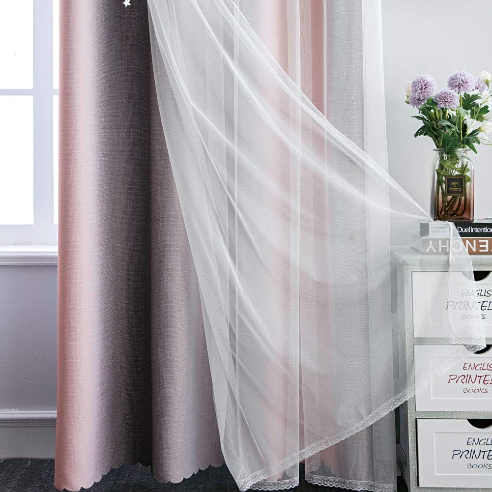 FANLI Ombre Rainbow Blackout Curtains for Kid Girls Bedroom Living Room Darking Stripe Double Layer Star Cut Out Wall Home Decor Gradient Grommet Window Curtains (Pink/Grey, 52W x 72L)