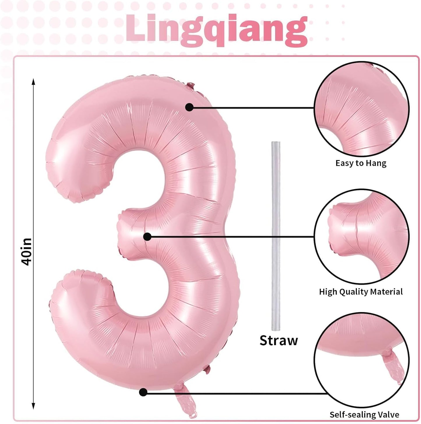 Pastel Pink Number 3 Balloon, 40 Inch Giant Pearl Light Pink Helium Foil Number 0-9 for Girls, Self Inflating 3rd Birthday Balloon for Women Anniversary Baby Shower Princess Party Decorations Supplies