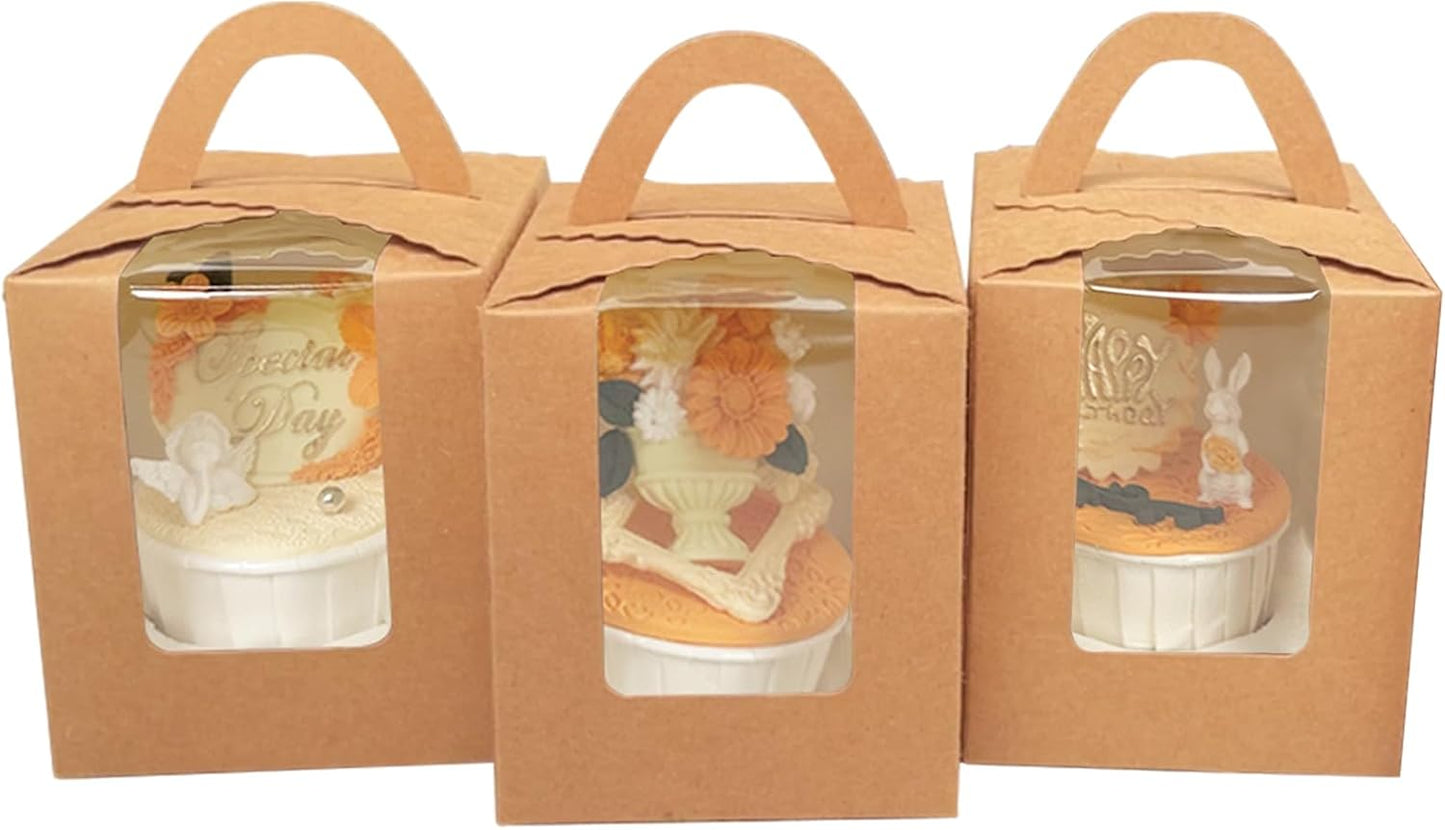 Bakepacker Auto-pop up Individual Cupcake Boxes with Window 25 Count Brown Single Cupcakes Box 3.6 x 3.6 x 4.3inch Cupcake Carrier
