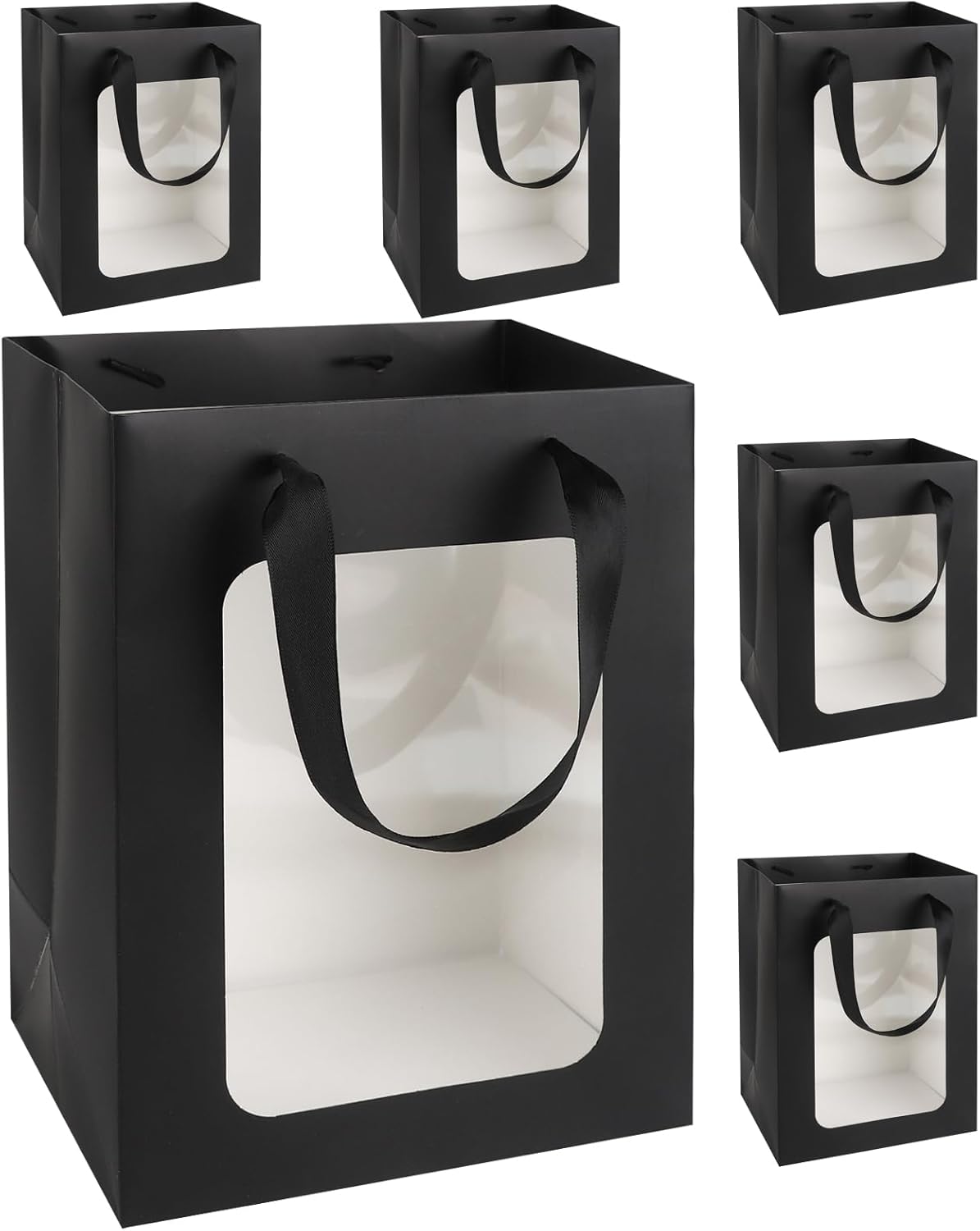 MOXARYSU 6 Pcs Black Gift Bags with Clear Window: 9.8x5.1x7.1 Inch Medium Kraft Paper Bags with Handle For Party Business Birthday Wedding (Black, 6p)