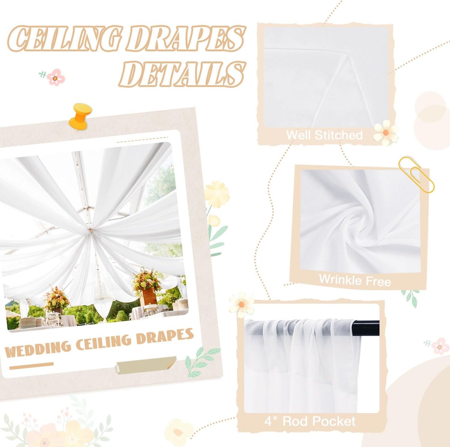 FUHSY White Ceiling Drapes for Wedding Arch Draping Fabric 4 Panels 5x20FT Chiffon Wedding Arch Drapes Sheer Bed Canopy Curtains Wedding Backdrops for Reception Ceremony Swag Arbor Archway Tent Drapes