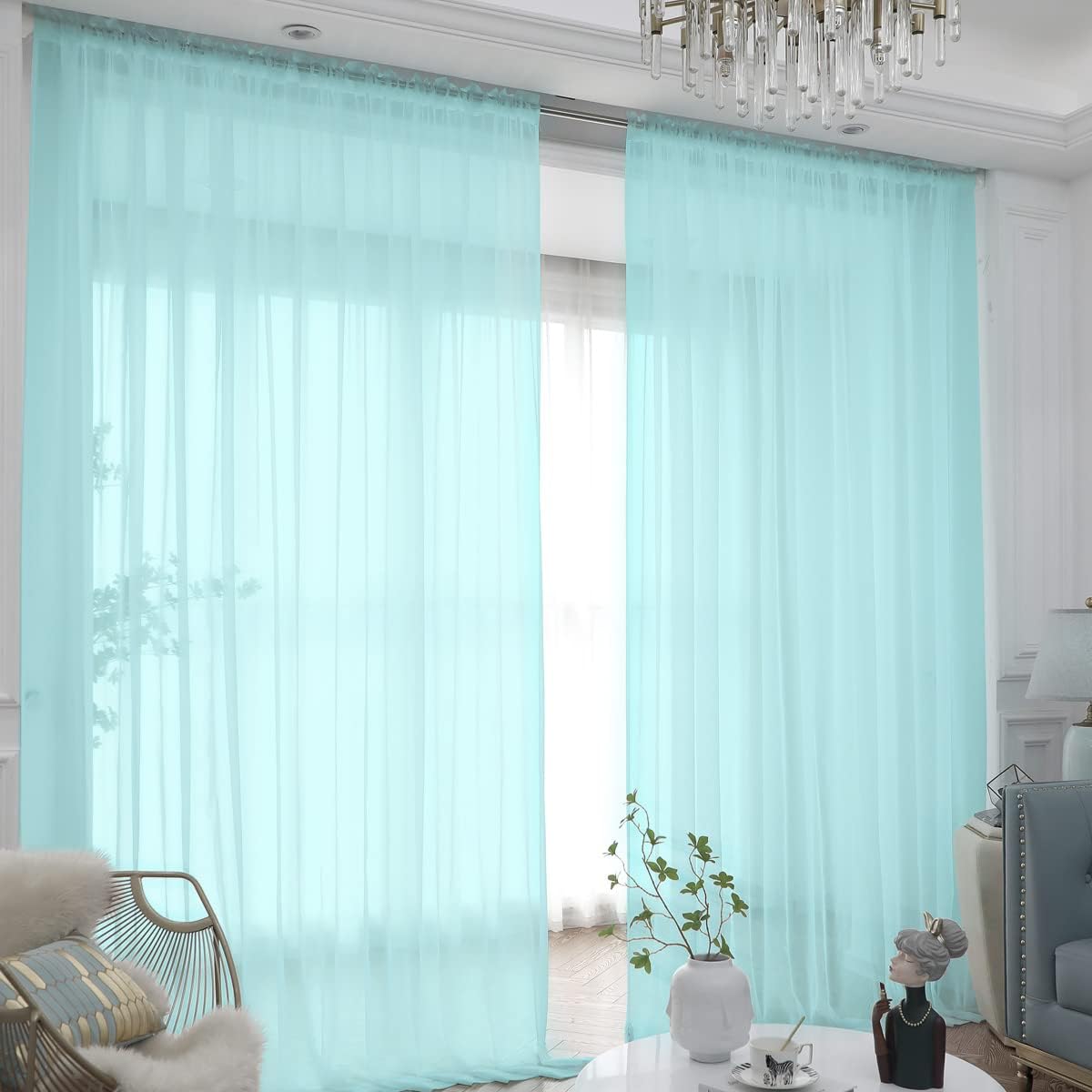 Window Lake Blue Sheer Curtains 90 Inches Long 2 Panels Sheer Curtain Basic Rod Pocket Panel for Bedroom Children Living Room Yard Kitchen (Lake Blue, 52" W x 90" L | 2 pcs)
