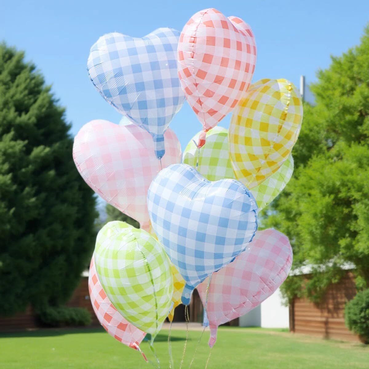 Red White Checkered Heart Balloons,12Pcs 18Inch Red Grid Heart Shaped Foil Helium Polyester Film Balloons for One Silly Goose Birthday Baby Shower Party Decorations
