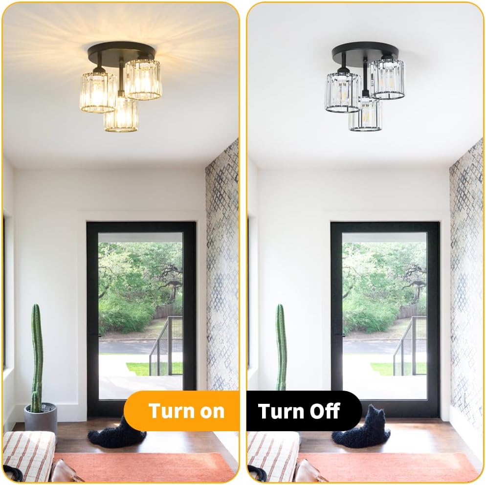 Crystal Semi Flush Mount Ceiling Light, 3-Light Modern Close to Ceiling Light Fixtures, Black Kitchen Light Fixtures with Clear Crystal Shade, Hallway Light Fixtures for Hallway Bedroom Bathroom, E26