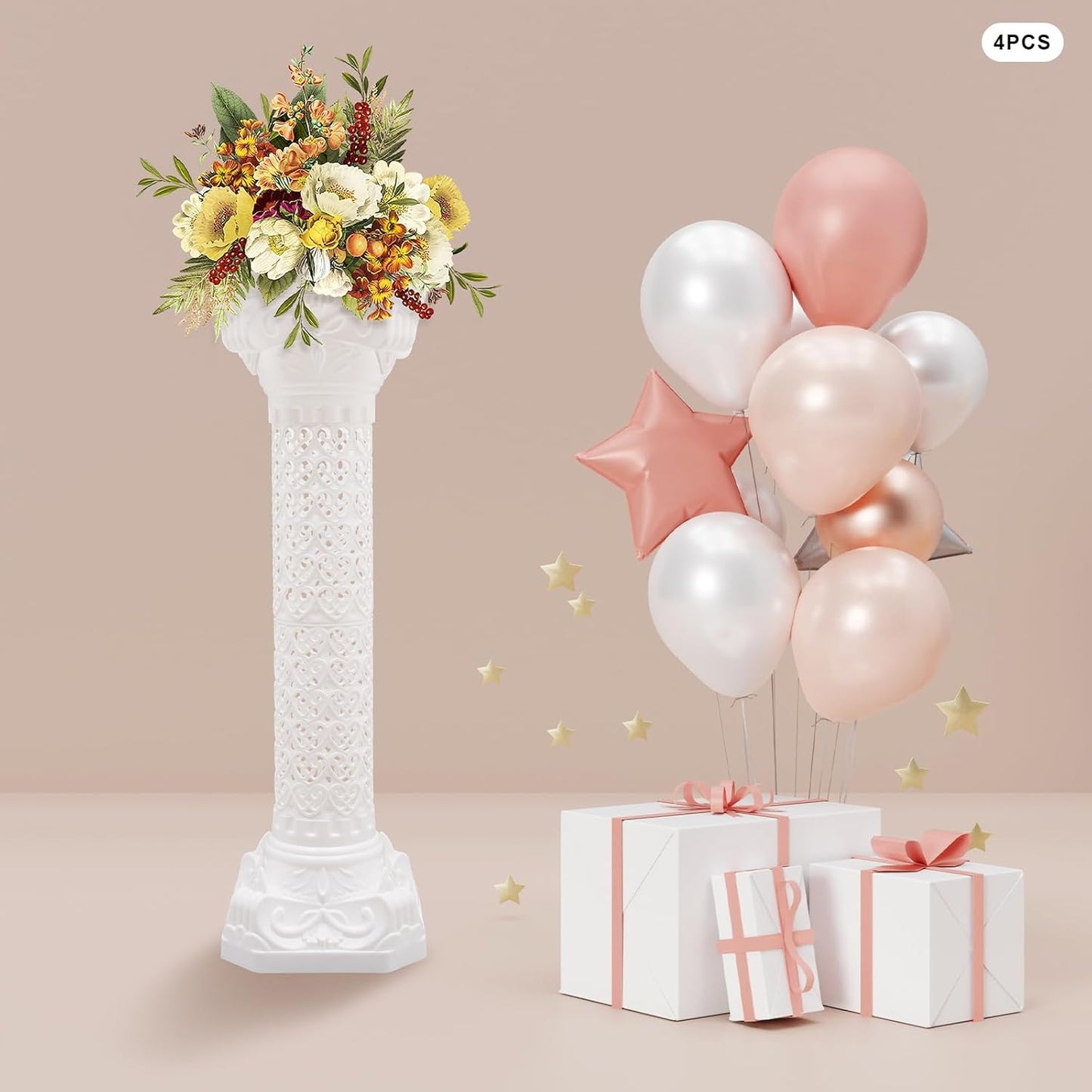 Roman Pillars Decoration Party Flower Pot Columns 10.63x34.65in Set 4Pcs Decor Pedstal Stand Flower Floral Wedding Party Event Road Decorative Columns(10.63x34.65in)