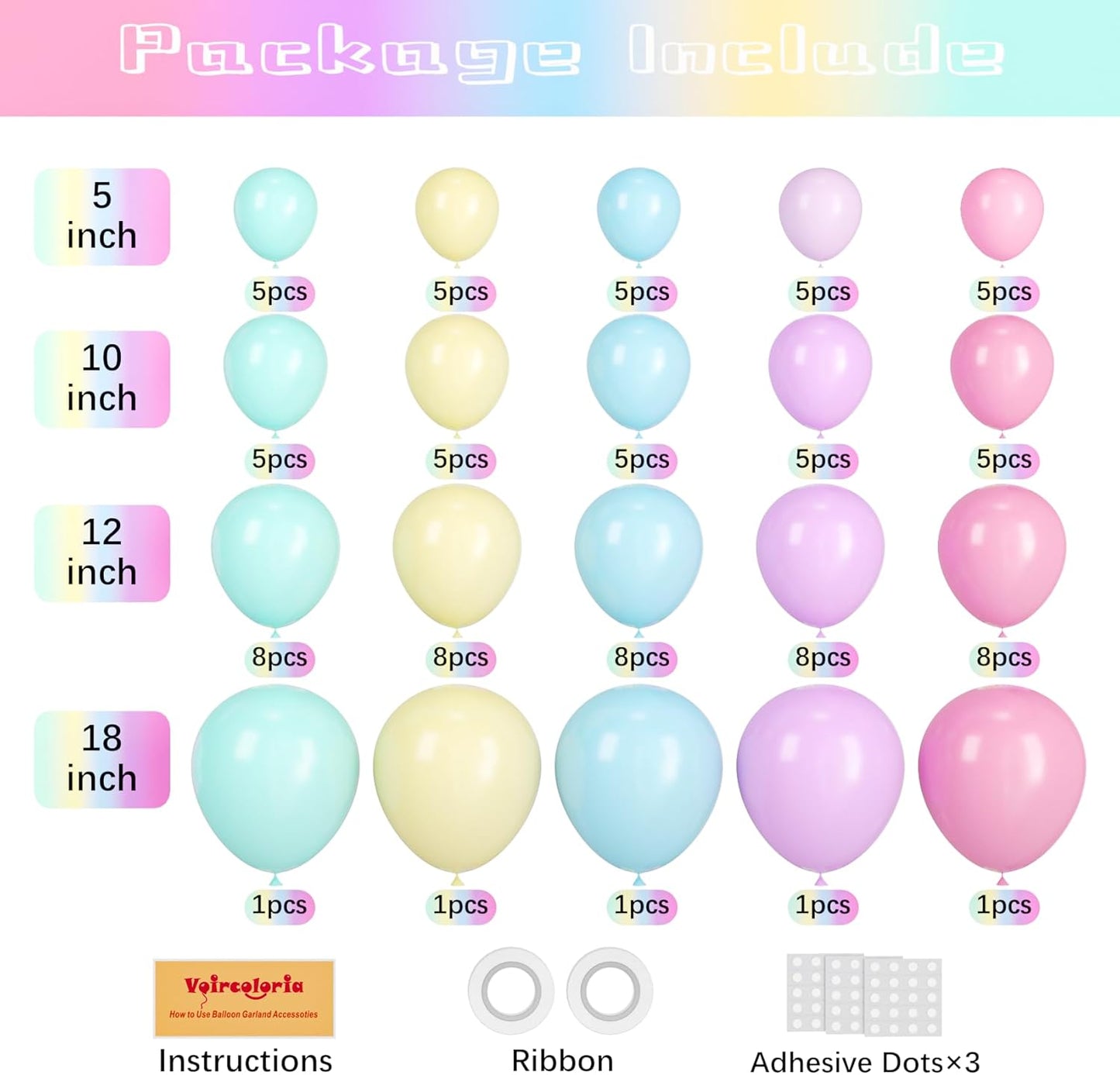 95pack Pastel Balloons Different Size 18/12/10/5 Inch Pastel Balloon Garland Arch Kit for Graduation, Wedding, Birthday, Princess Theme, Easter, Baby Shower, Anniversary Party Decorations
