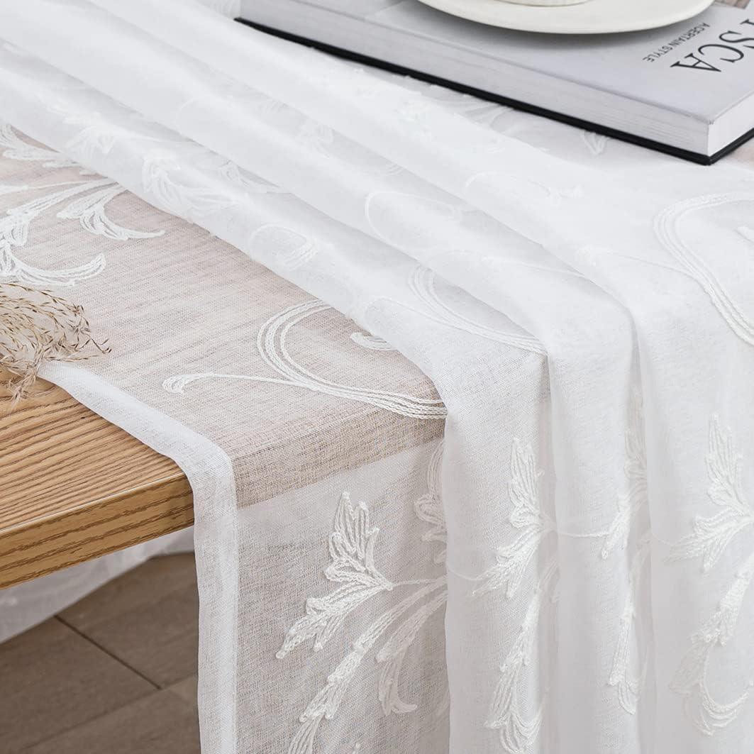 Sheer Curtains White 63 Inch Embroidered Floral, Rod Pocket Voile Drapes for Living room, Bedroom, Vintage Embroidered Semi Crinkle Curtain Panels for Yard, Patio, Villa, Parlor, Set of 2, 52"x 63".