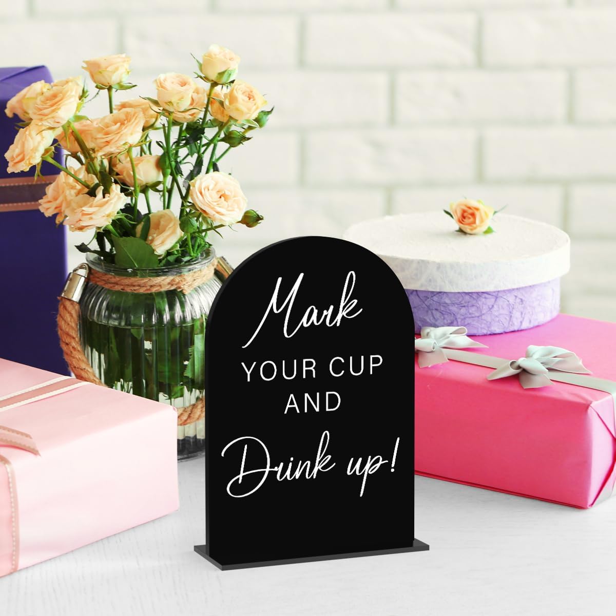 Acrylic Wedding Sign Wedding Signs for Ceremony Mark Your Cup and Drink Sign for Wedding, Modern Calligraphy Arch Acrylic Table Top Sign for Wedding Reception and Event Party Table(black）