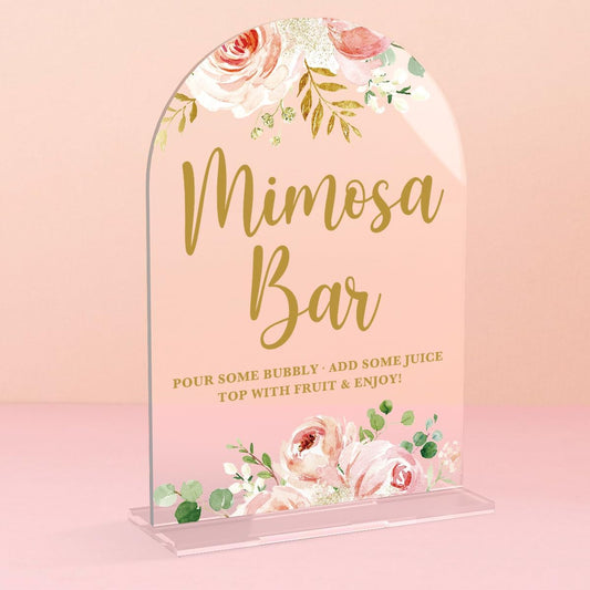 Acrylic Wedding Signs, Bridal Shower Decorations, Mimosa Bar Signs for Reception, Modern Calligraphy Arch Acrylic Table Top Sign for Wedding Reception and Engagement Parties (Clear Pink Flowers)