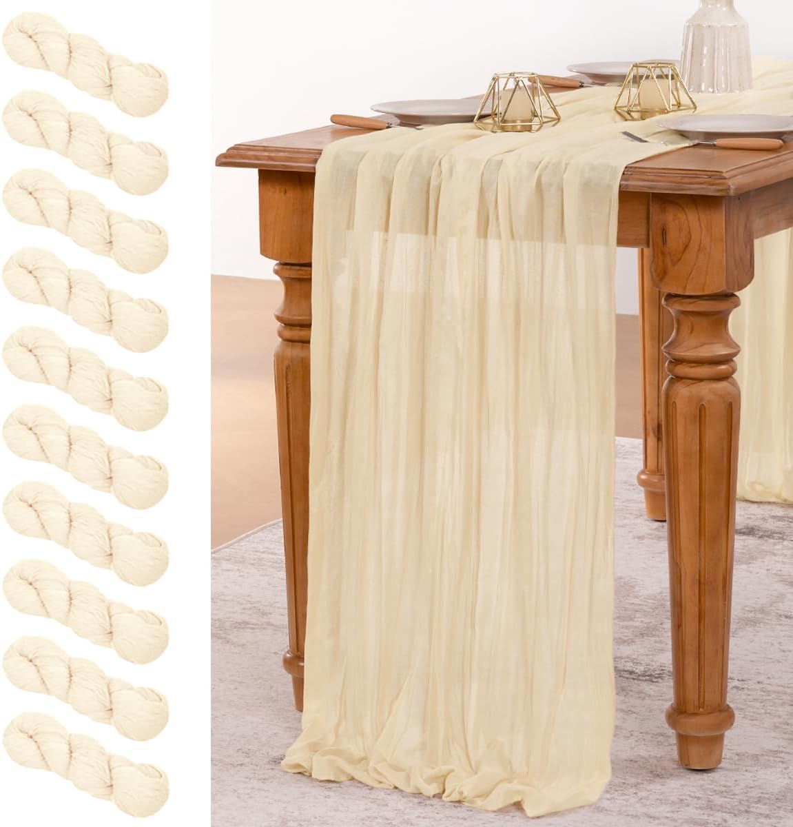 MLMW 10 Pack Beige Table Runner Cheesecloth Boho Gauze Rustic Cheese Cloth Table Runner 160 inch Sheer 13.3ft for Thanksgiving Wedding Party Baby Bridal Shower Birthday