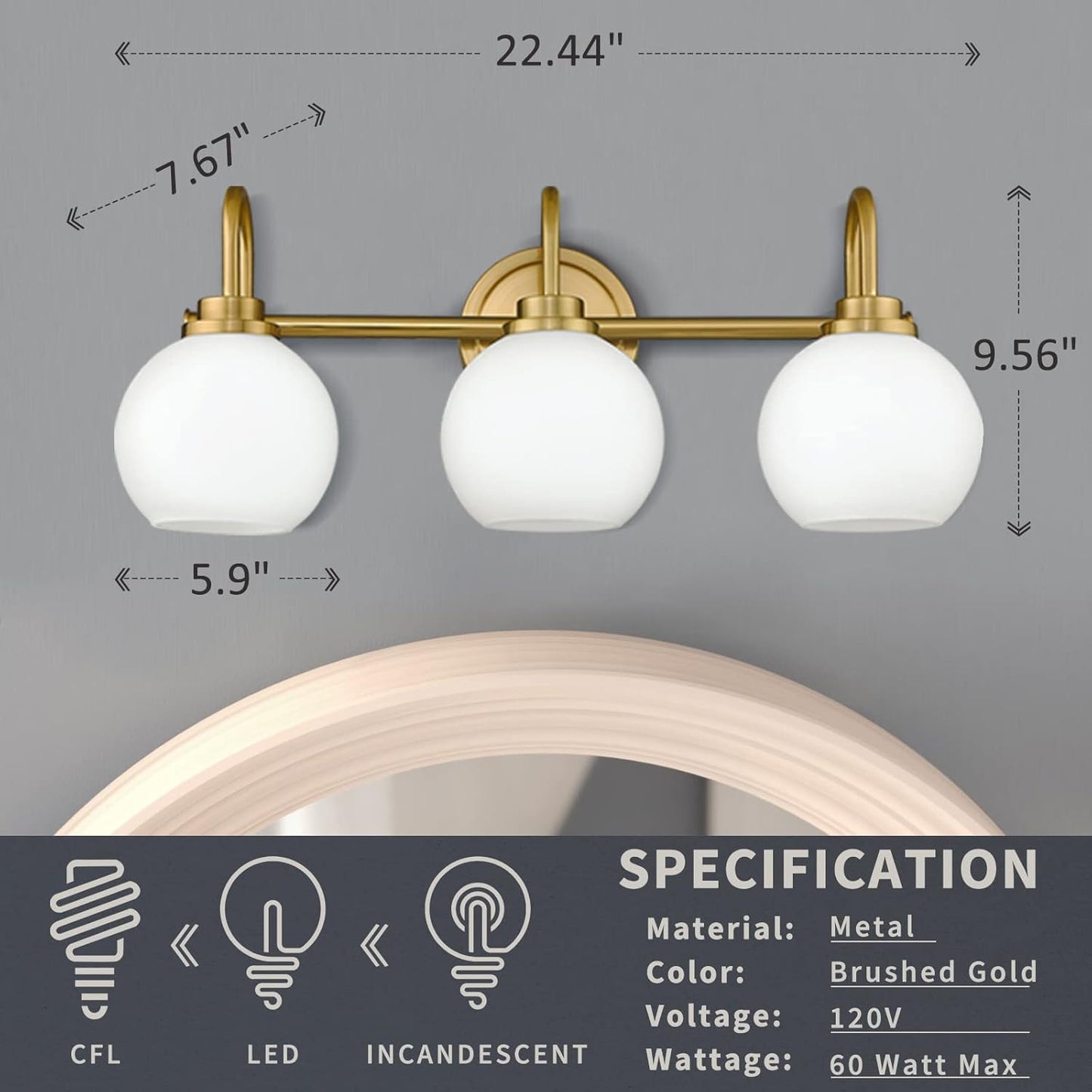Gold Bathroom Light Fixtures, 3 Light Gold Modern Bathroom Light Fixtures Over Mirror with White Milk White Globe Glass Shade for Bathroom