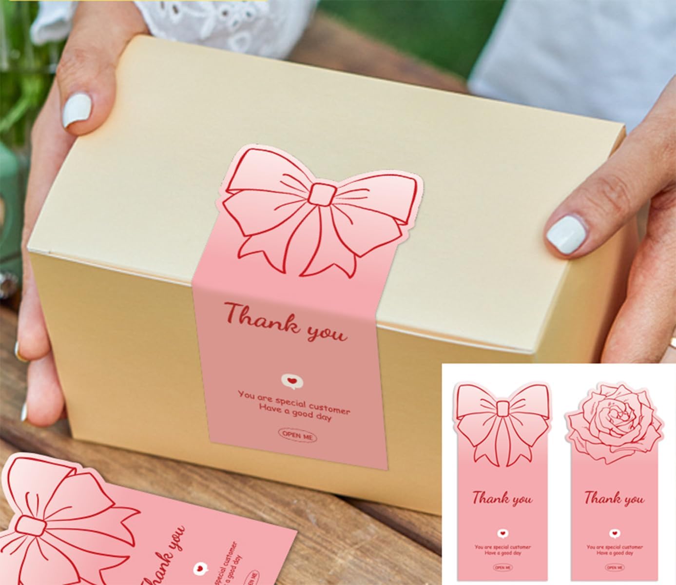 150Pcs Cute Pink Large Thank You Stickers,Bow Shaped Rose Gift Wrapping Decorations, Suitable for Gifts, Merchandise, Open Me Stickers, Large Labels, 4.72 x 2.36 inches.（Bow and Rose）