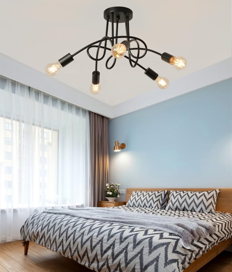 Modern Farmhouse Chandelier,25 Inch Black Metal Spiral Rustic Vintage Semi Flush Mounted Ceiling Light Fixture for Dining Room Bedroom Kitchen Island Hallway Foyer Entryway(5-Light)