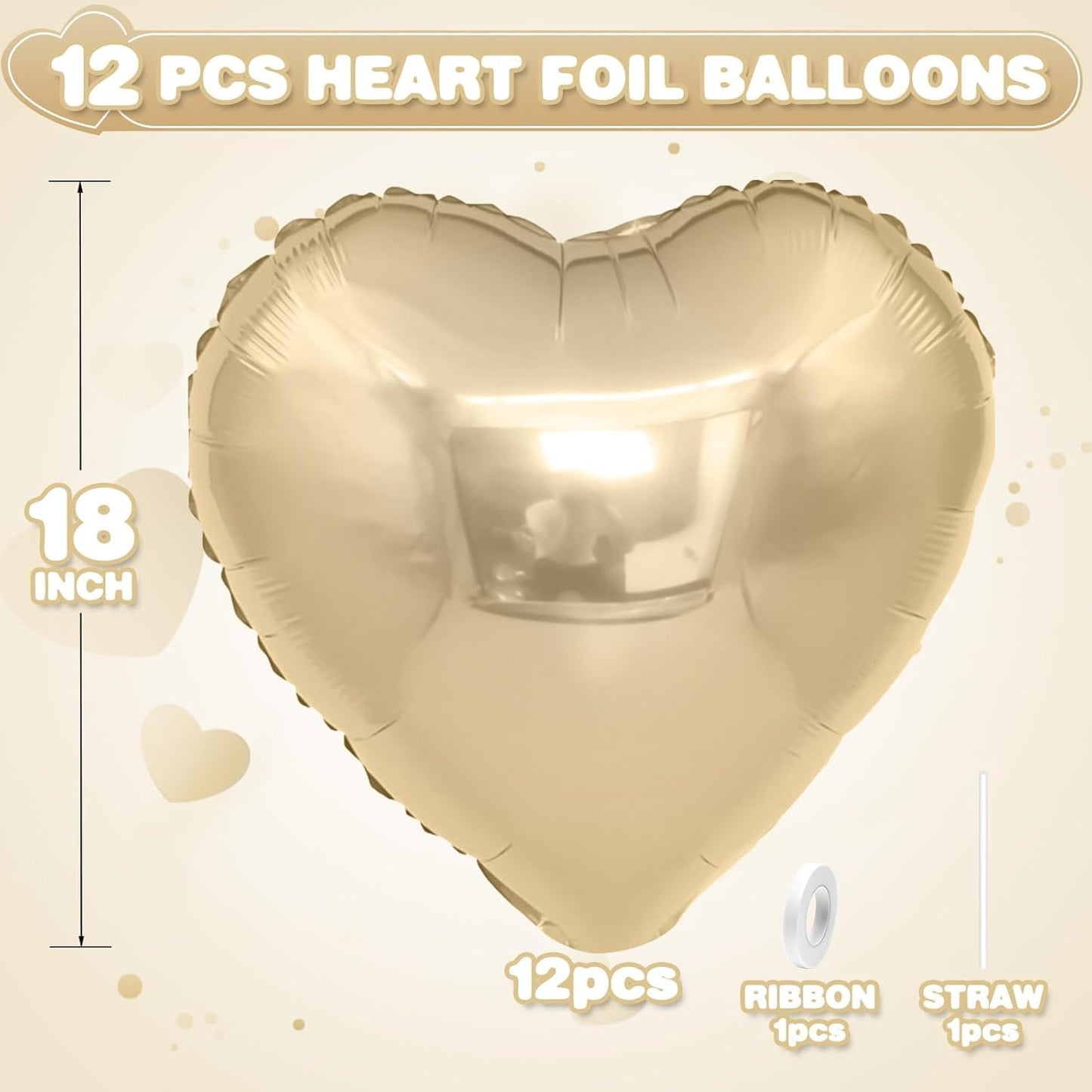 Champagne Gold Heart Balloons,12Pcs Light Gold Heart Shaped Foil Balloons,18Inch Helium Polyester Film Balloon for Baby Shower Birthday Anniversary Wedding Party Decorations