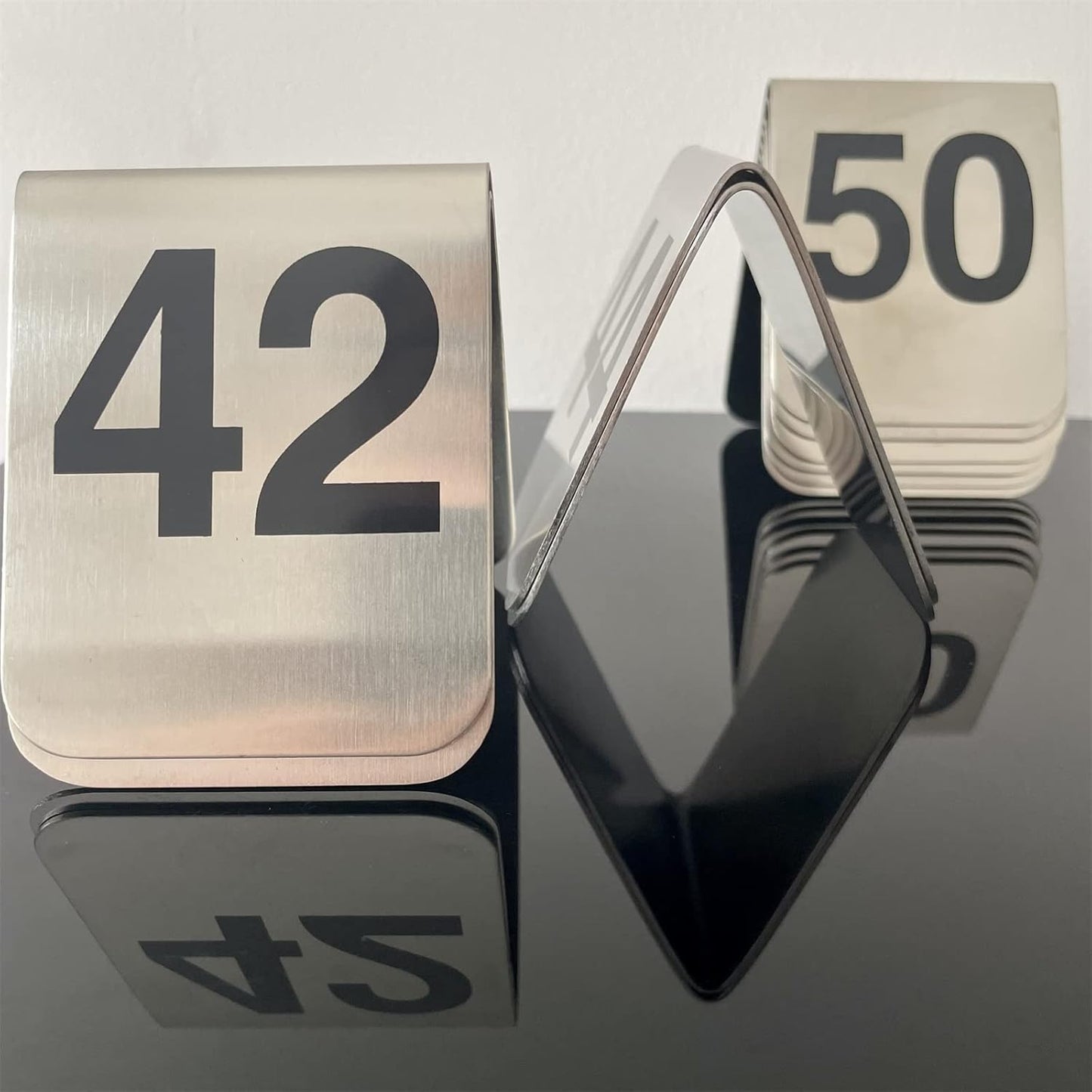 10 Pcs Metal Place Cards Stackable Tent Style Table Numbers，Place Card Holders for Celebration Wedding Party Restaurants Cafes Bars Gatherings meeting Room Board Game Serial (Medium 41-50, Black)