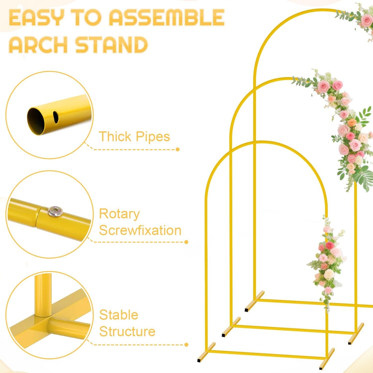 FUHSY Metal Arch Backdrop Stand and Cover Set of 3 Wedding Metal Arch Stand with Navy Blue Arch Backdrop Cover Spandex 6FT, 5FT, 4FT Stable Arch Frames for Bridal Baby Shower Birthday Party Decor