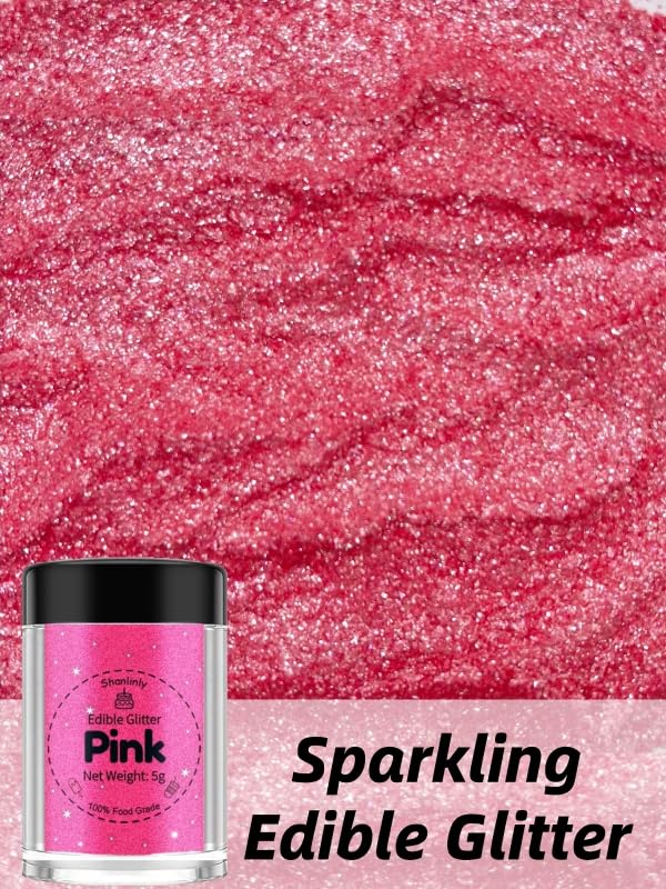 Shanlinly Pink Edible Glitter for Cakes Drinks - Food Grade 5g Shimmer Luster Glitter Dust Edible Glimmer Powders for Strawberries, Sprinkle on Sparkle, Chocolate, Cookie, Cupcake, Cocktail, Vegan