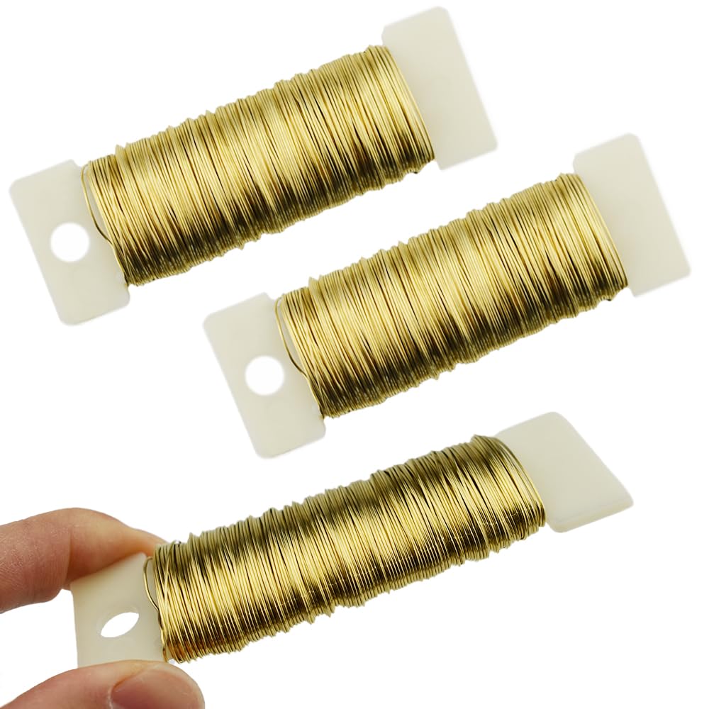 HAHIYO 26Gauge Golden Metal Floral Wire - 3 Rolls, 115 Yards (345 Feet) - Flexible Paddle Wire for Craft, Christmas Wreath, Flower Arrangement, Bouquet Wrapping, Wedding, DIY