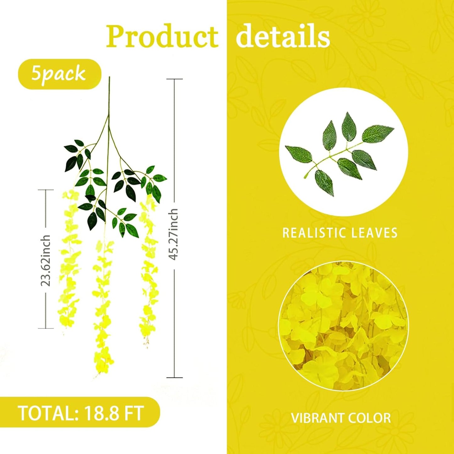 5 Pack Yellow Wisteria Hanging Flowers Garland, 3.77 Feet Artificial Flower Vines, Fake Wisteria, Artificial Vines Hanging Garland for Backdrop Outdoor Yard Garden Decor