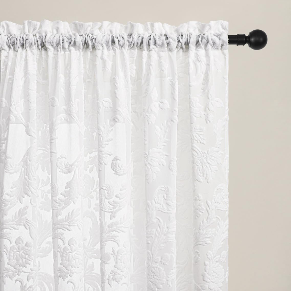 Curtains Sheer White Curtain Panels Boho Farmhouse Drapes with Vintage Floral Pattern 45" Short Length Rod Pocket for Bedroom Living Room Windows French Elegance 3D Relief, Set of 2 (52" Wide Each)