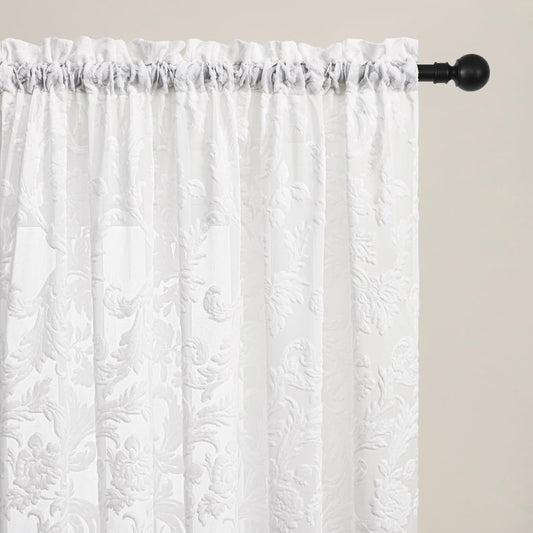 Curtains Sheer White Curtain Panels Boho Farmhouse Drapes with Vintage Floral Pattern 45" Short Length Rod Pocket for Bedroom Living Room Windows French Elegance 3D Relief, Set of 2 (52" Wide Each)