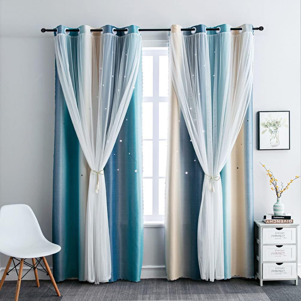 FANLI Ombre Rainbow Blackout Curtains for Kid Girls Bedroom Living Room Darking Stripe Double Layer Star Cut Out Wall Home Decor Gradient Grommet Window Curtains (Blue/Yellow, 52W x 95L)
