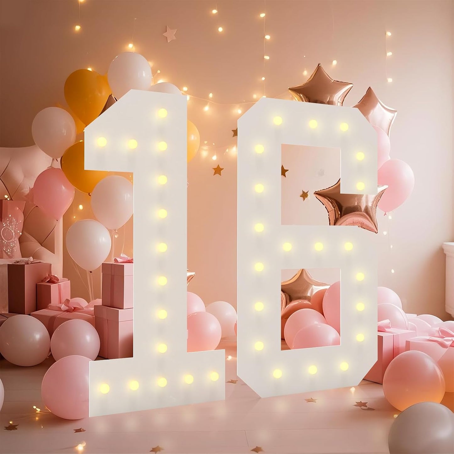 4FT Light Up Numbers, Marquee Numbers 4 Feet Tall Giant Number 16 Mosaic Big Number Sign for 16th Birthday Party Backdrop Anniversary Decorations, Pre-Cut Large Frame Number 16
