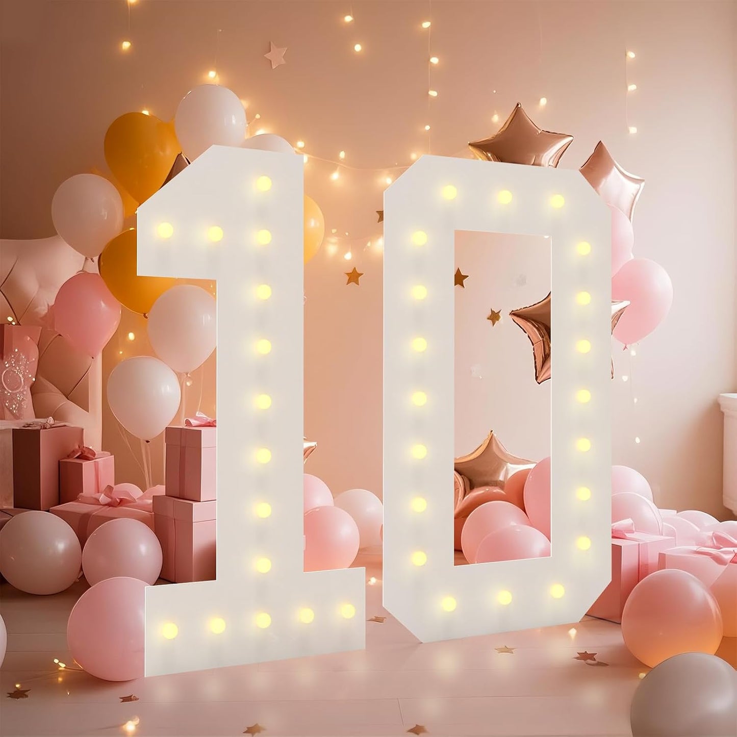 LOBOOM 4FT Light Up Numbers, Marquee Numbers 4 Feet Tall Giant Number 10 Mosaic Big Number Sign for 10th Birthday Party Backdrop Anniversary Decorations, Pre-Cut Large Frame