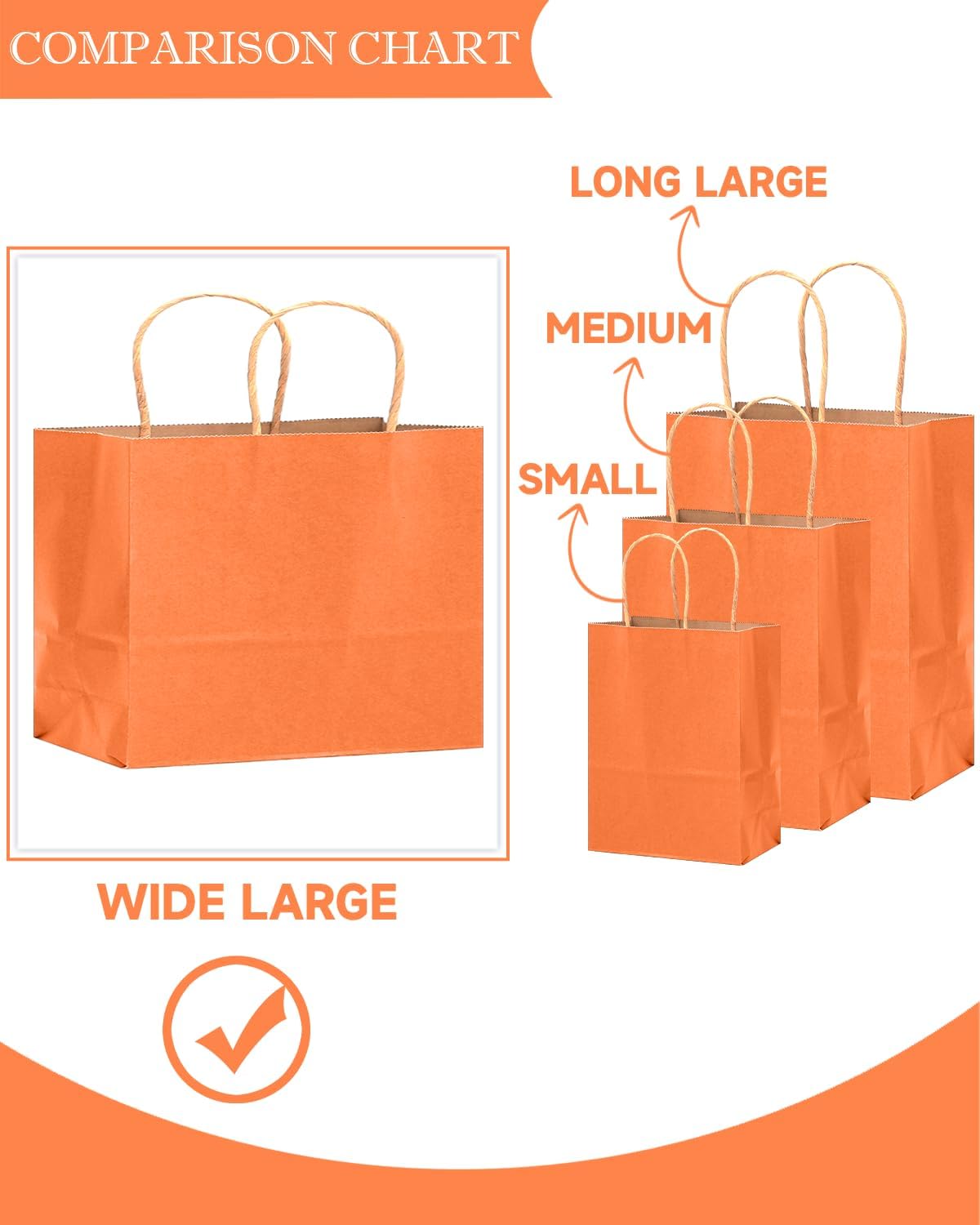 qiqee 100PCS Large Gift Bag with Handles Bulk 13"x4.5"x10" Gift Bags Kraft Orange Multiple Uses (32x11x25cm,Wide Large)