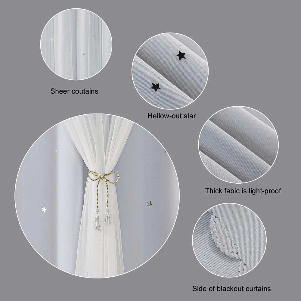 Ombre Rainbow Blackout Curtains for Kid Girls Bedroom Living Room Darking Stripe Double Layer Star Cut Out Wall Home Decor Gradient Grommet Window Curtains (Greywish White 84)