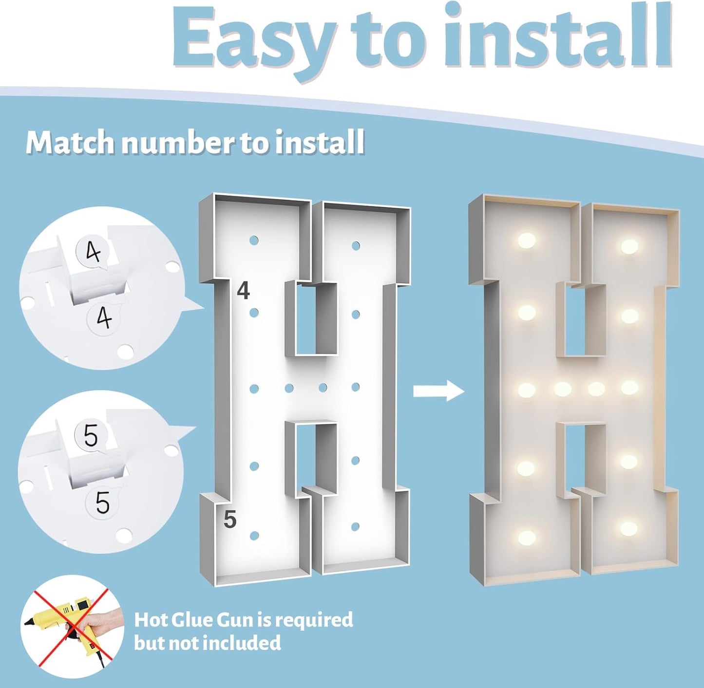 4FT Marquee Light Up Letters H,Party Decoration Large Marquee Light Up Letters with Weighted Water Bag,Pre-cut Foam Board Set Can Be Used for Birthdays,Weddings,Baby Anniversaries