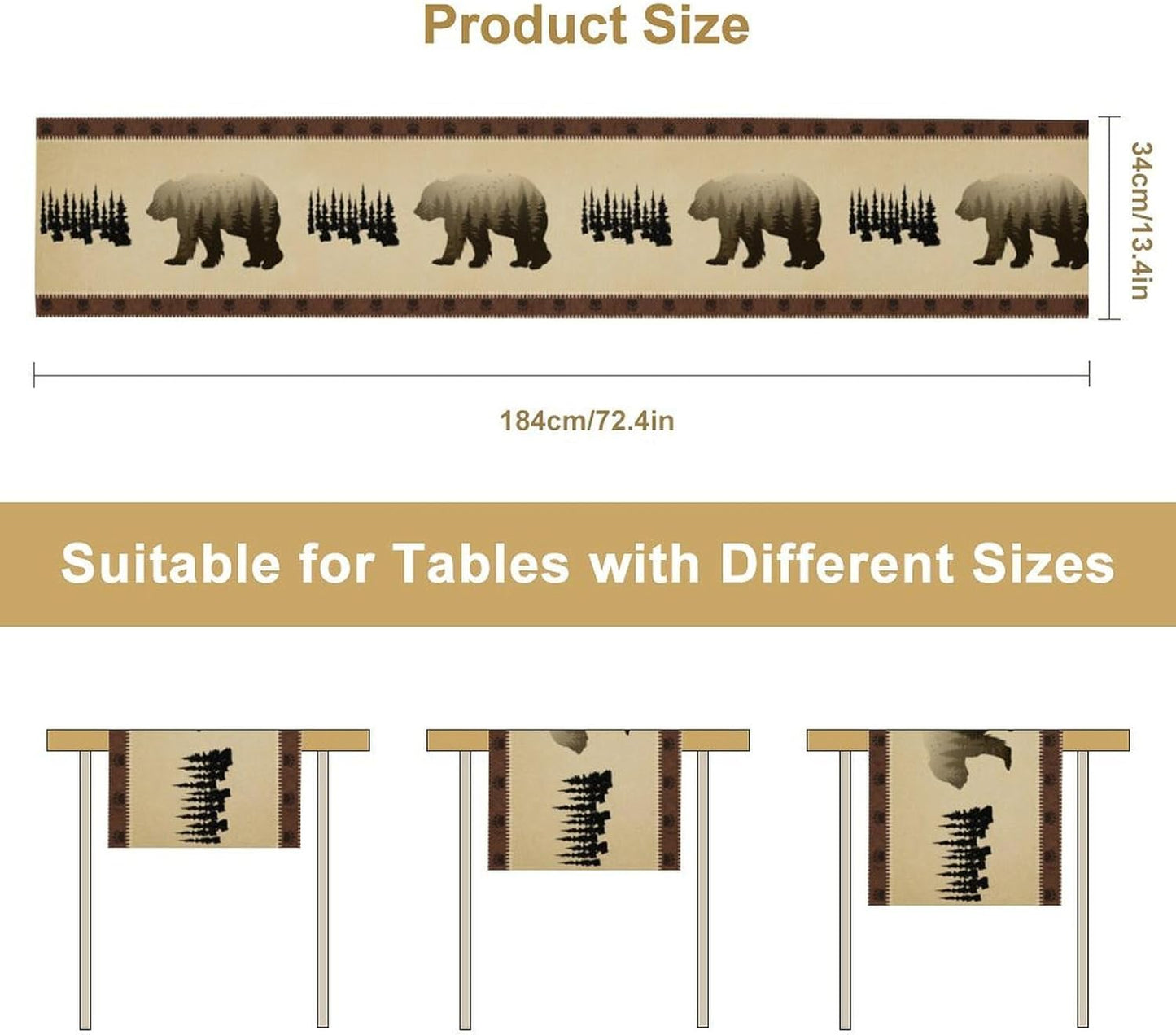 Vintage Bear Table Runner Forest Retro Rustic Cabin Farmhouse Table Runner for Party Dinner Bedroom Living Room Kitchen 13x60 Inch