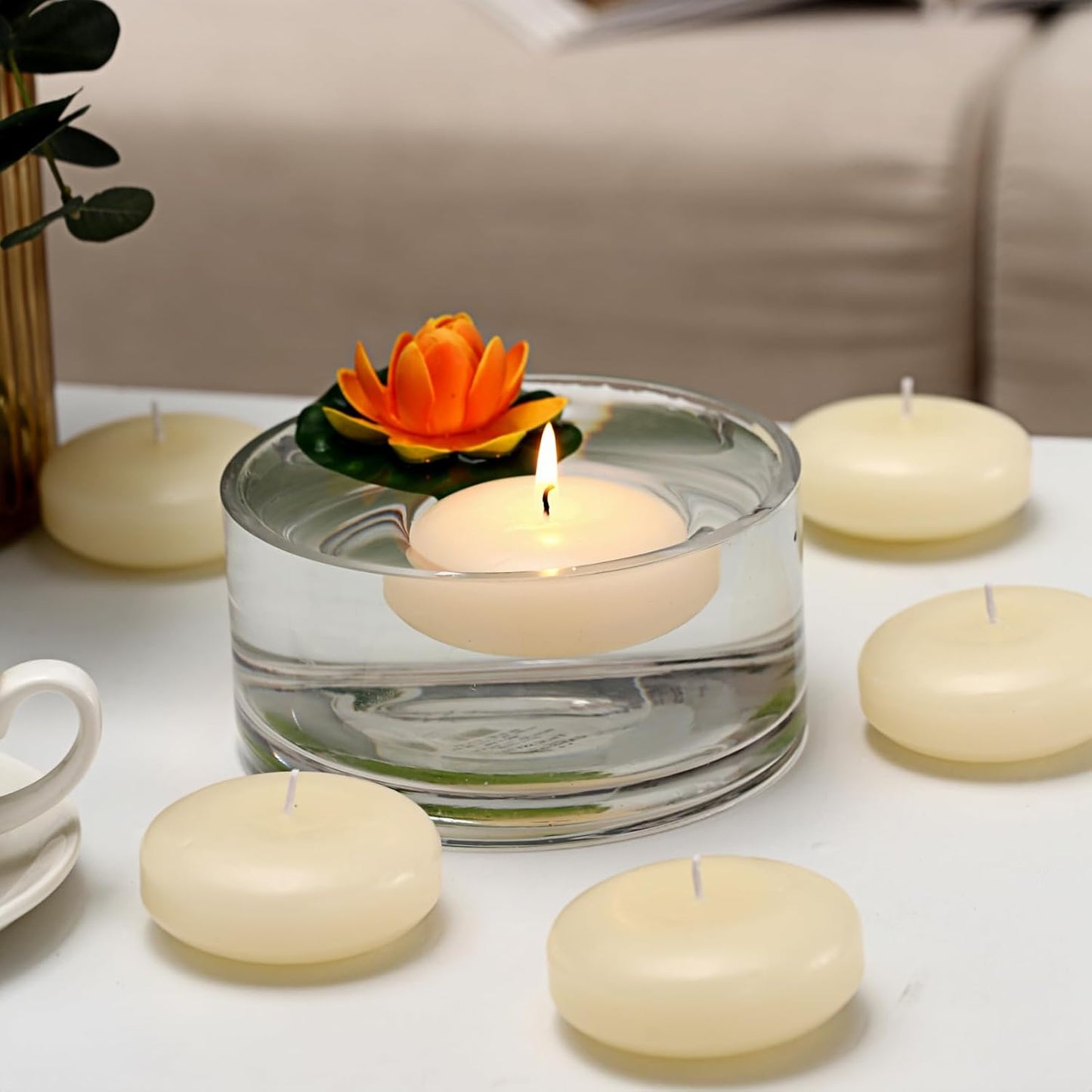 36 Pack Floating Candles, 3” Ivory Unscented Dripless Wax Burning Candles, for Weddings, Party, Cylinder Vases, and Home Decorations