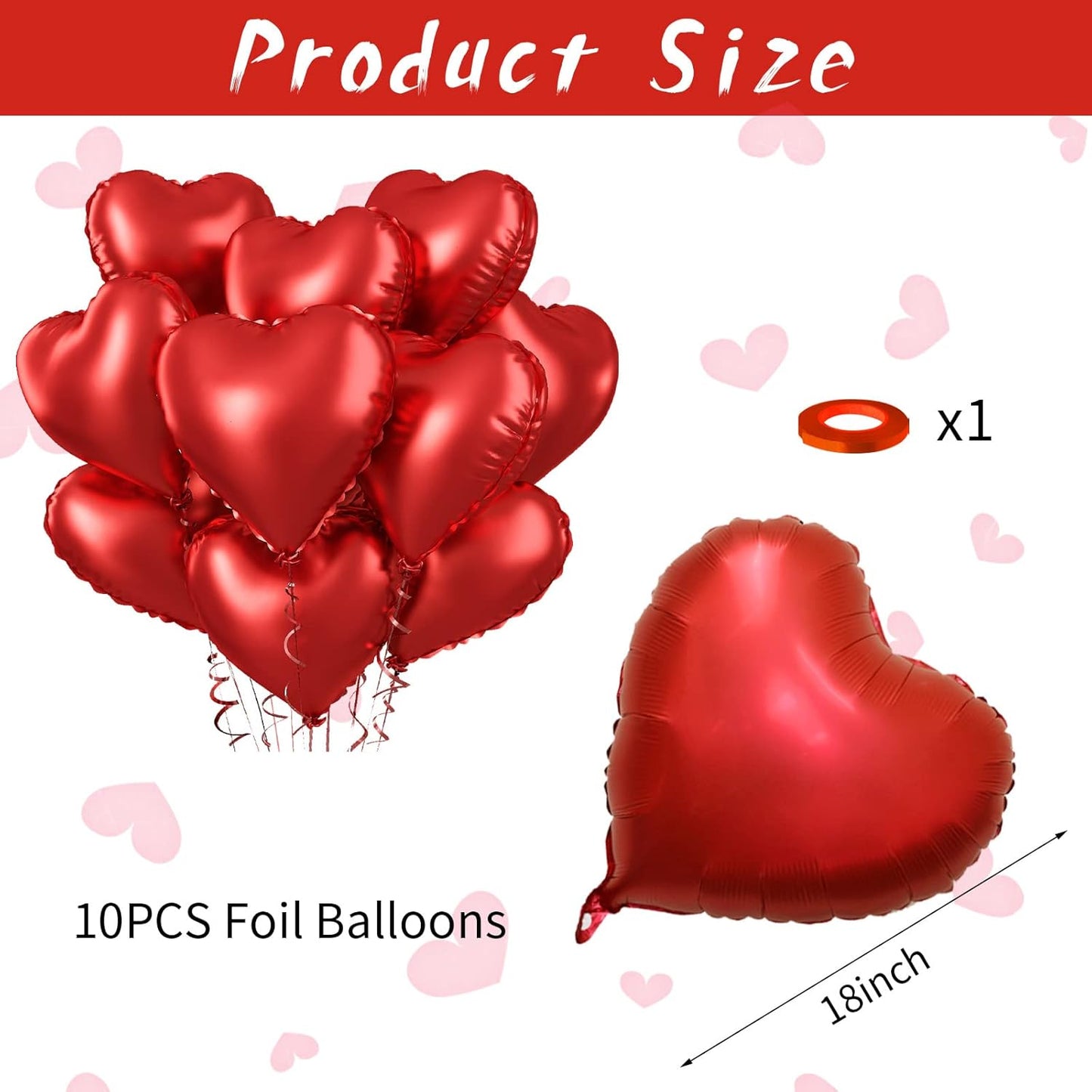 Biapian Red Heart Balloons, 10PCS 18inch Metallic Red Foil Heart Shaped Balloons for Helium, Valentine Decorations, Wedding, Birthday, Anniversary