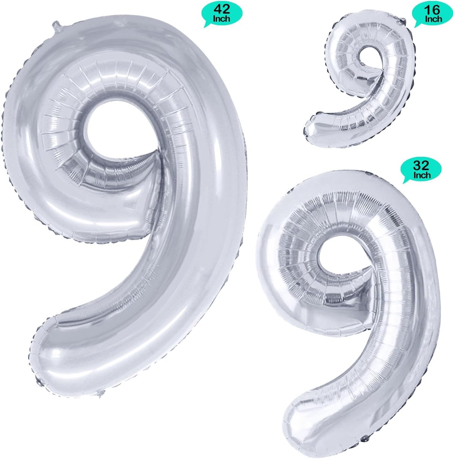 GOER Silver Foil Balloons Number 9,Huge Number Balloons for 9th Birthday Party Supplies Anniversary Decorations(3 pcs,42 inch,32 inc,16inch)