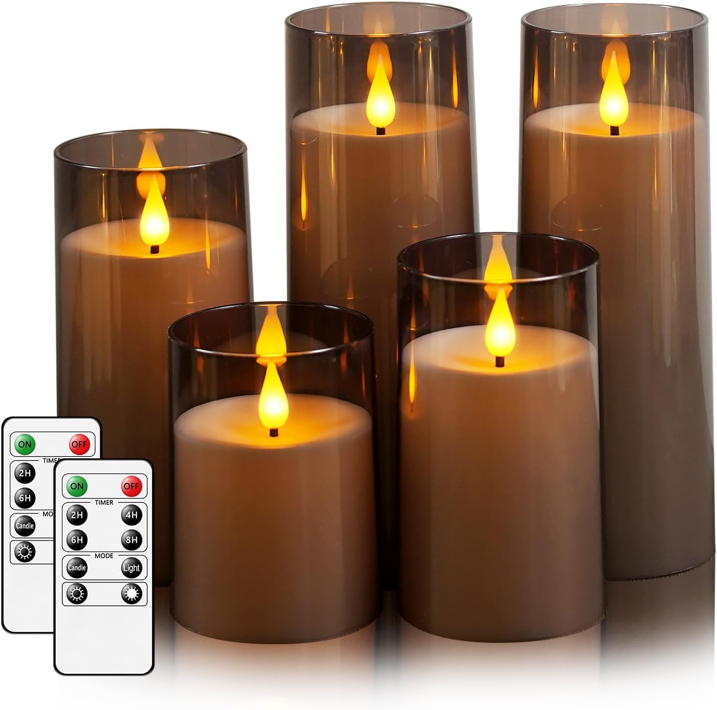 Fo32won Grey LED Flameless Pillar Candles Battery Operated with Remote and Timer, Set of 5 (D 3"×H 4" 5" 6" 8" 8") Decorative Plexiglass Flickering Candles with 3D Flame