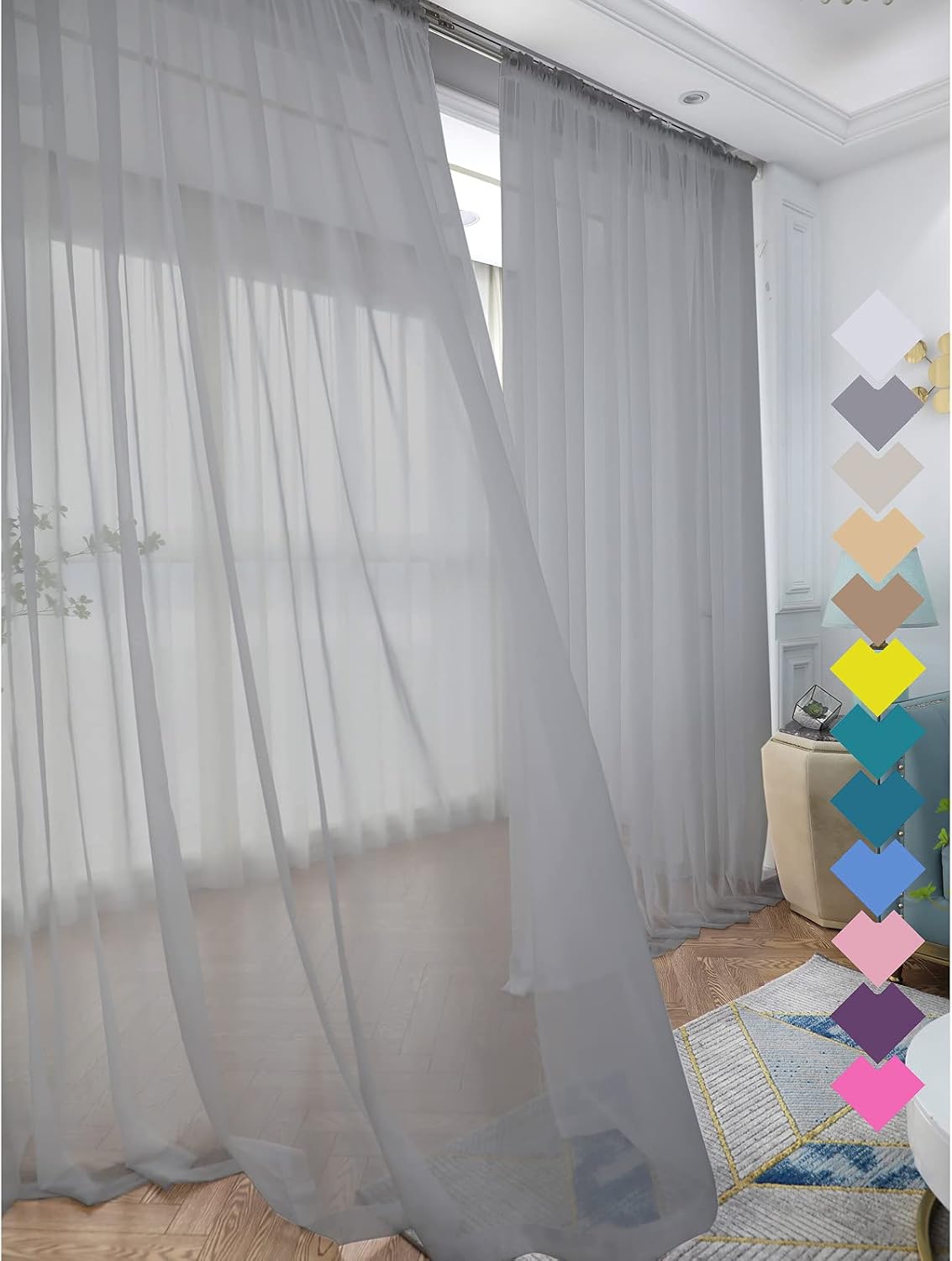 Window Grey Sheer Curtains 48 Inches Width 145 Inches Long 2 Panels Sheer Curtain Clear Curtains Basic Rod Pocket Panel for Home Living Room Bedroom Kids Room Yard Patio Parlor Sliding