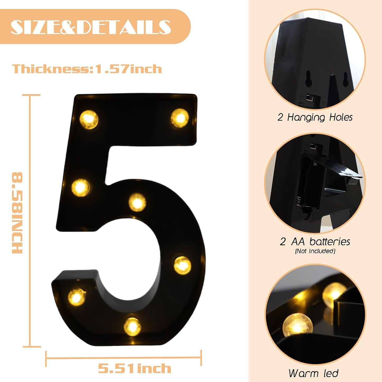 LED Marquee Numbers, 8.58 Inch Led Light Up Numbers for Party, Small Light Up Letters, Battery Powered Lighted Number for Table, Birthday, Night Light, Christmas or Home Decor (Black, Number 5)