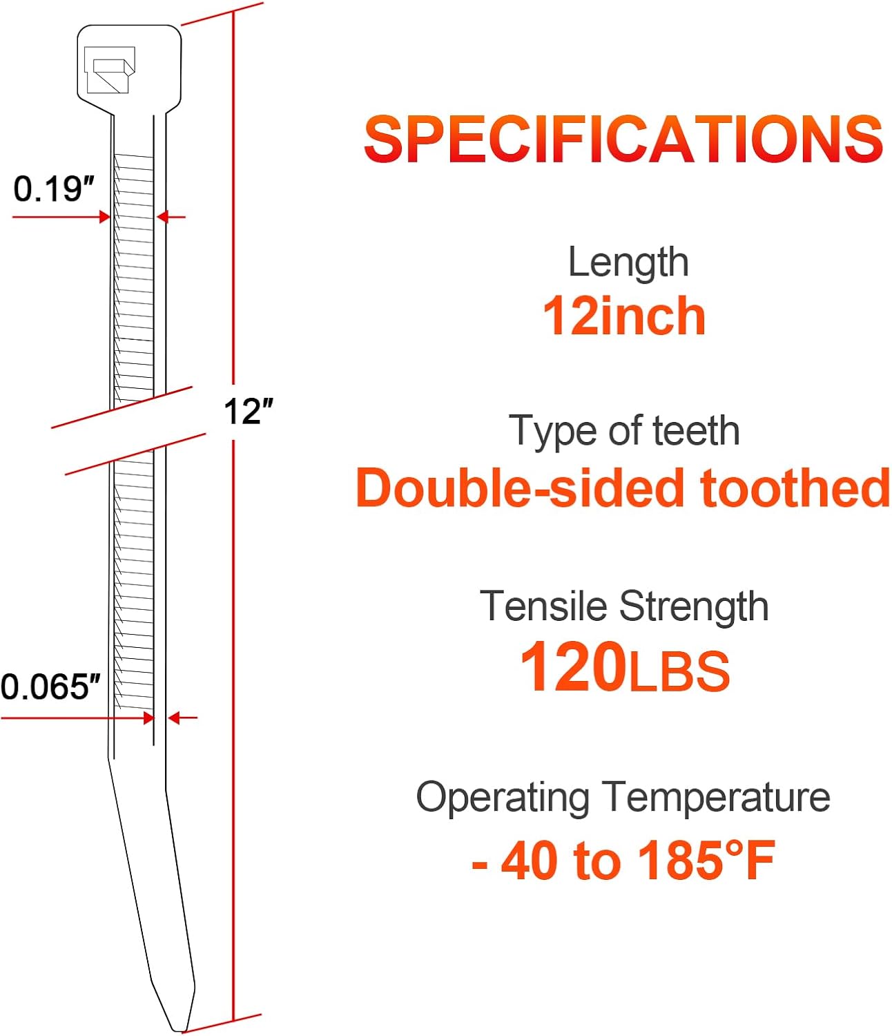 12 Inch White Zip Ties Double Sided Toothed,120 LBS Tensile Strength Heavy Duty Cable Wire Ties With Self-Locking Adjustable More Durable Nylon Tie Wraps for Indoor Outdoor（100 Pack）
