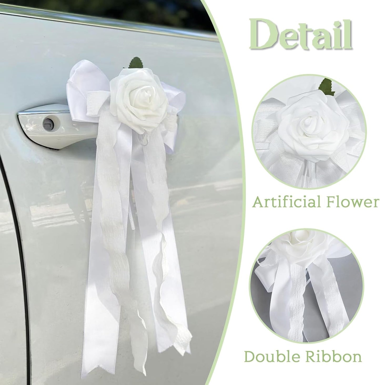 6PCS Wedding Car Door Handle Flowers, White Artificial Cars Rearview Mirror Bouquet Flower Bowknot Ribbon Decors, Just Married Automotive Decoration Accessories for Door Handles and Rearview Mirrors