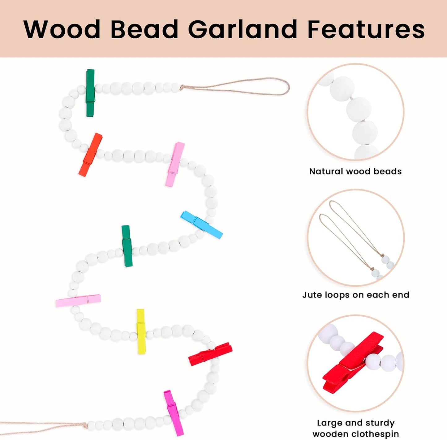 Hanging Photo Display Wall Decor, Wooden Bead Garland Collage Picture Frame with 9 Different Random Colors Wood Clips for Boho Bedroom, Living Room, Office, Dorm Decor